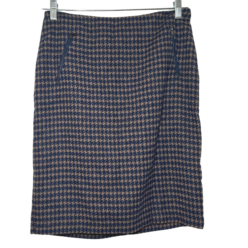 J.McLaughlin Kenmare Skirt Navy Taupe Houndstooth Wool Blend Pencil Skirt 6